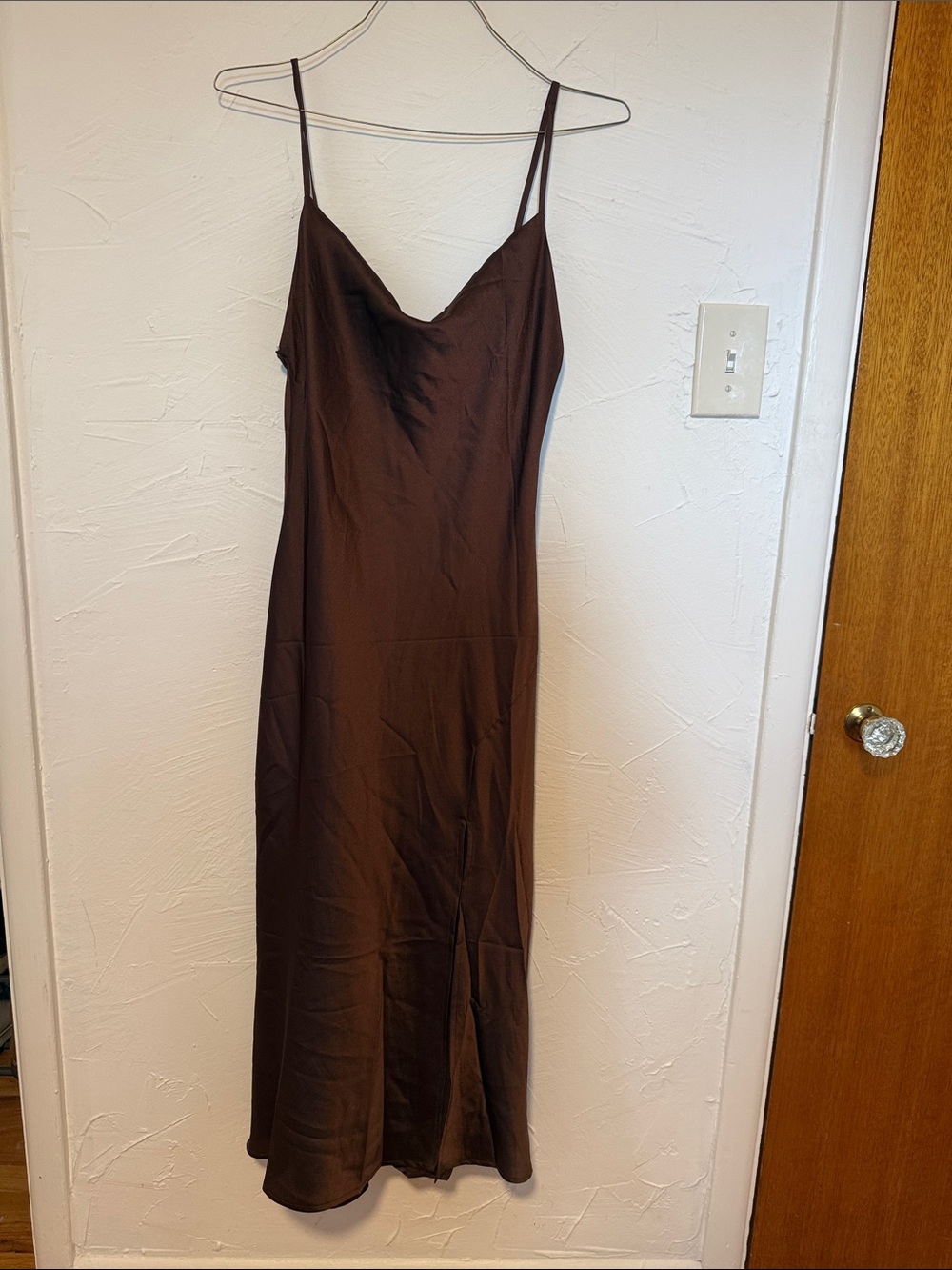 Brown Satin Slip Dress with Spaghetti Straps